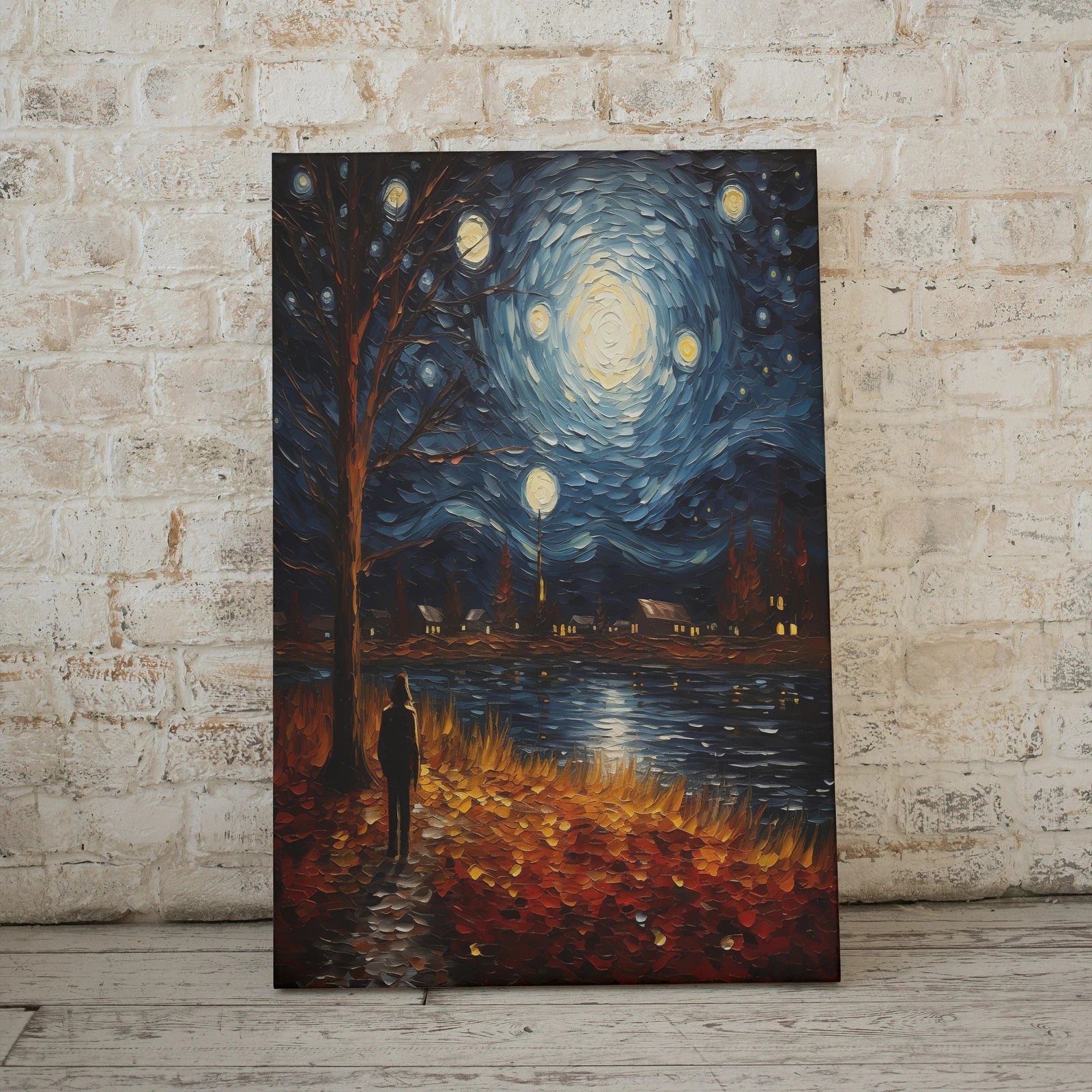 Nuit étoilée en automne : Art imprimable inspiré de Vincent van Gogh, une impression automnale disponible immédiatement pour la décoration murale.