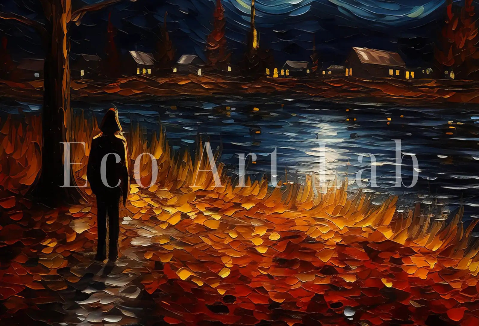 Nuit étoilée en automne : Art imprimable inspiré de Vincent van Gogh, une impression automnale disponible immédiatement pour la décoration murale.