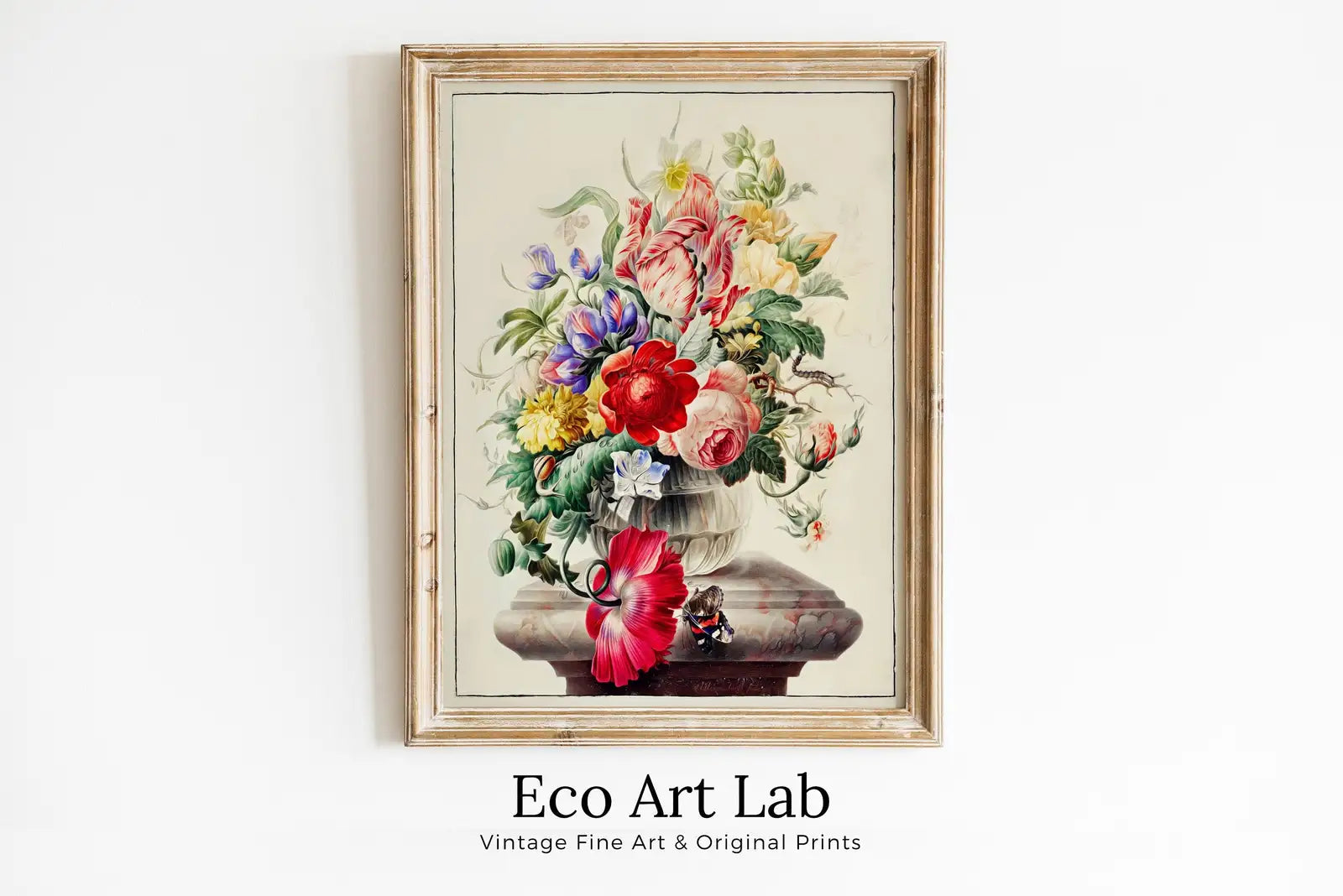 Framed view of Still Life Botanical Painting Printable Wall Art. Flower in Glass Vase Still Art Vintage Print, Antique Retro Colorful Art. Instant Download – printable wall art digital download.