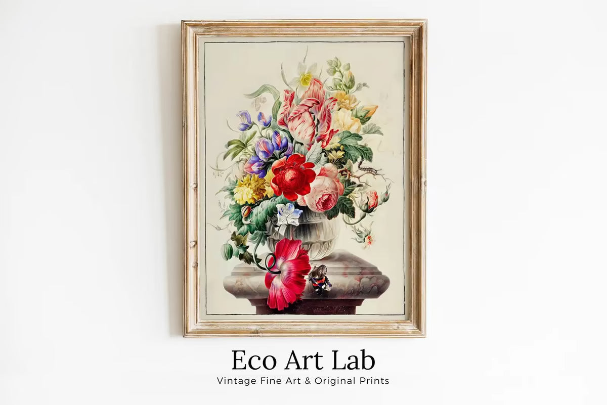 Still Life Botanical Painting Printable Wall Art. Flower in Glass Vase Still Art Vintage Print, Antique Retro Colorful Art. Instant Download – Printable Wall Art
