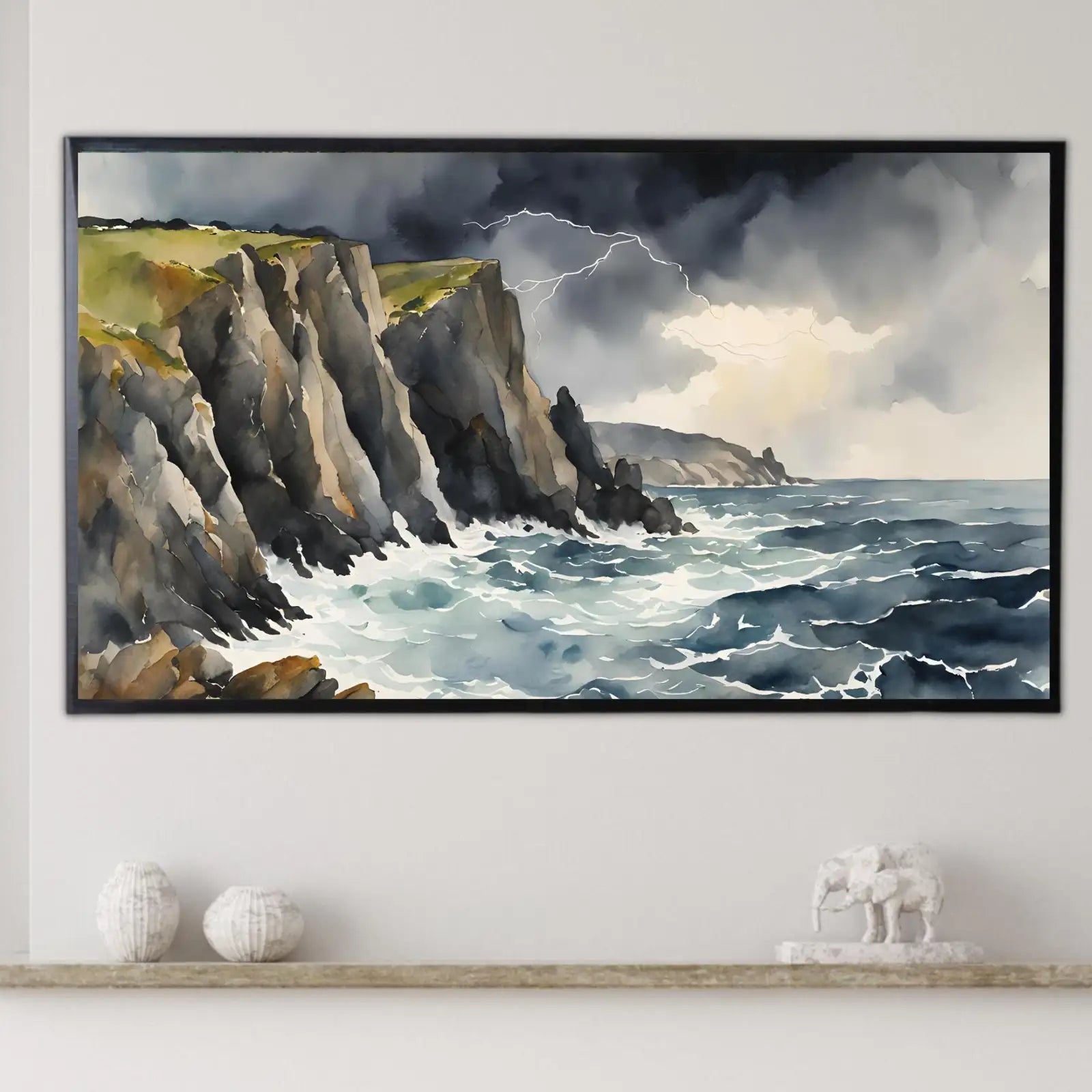 Storm Cliffs Art For Frame TV. Coastal Landscape Wall Art. 4K Watercolor Decor For Samsung Frame TV. – Frame TV Digital Download Art – Digital Download