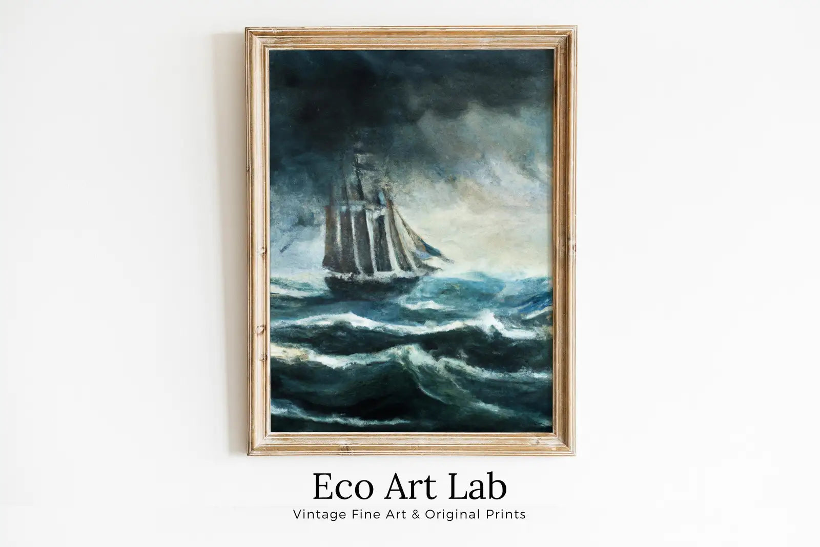 Framed view of Stormy Sea with Sail Boat At Print. Printable Wall Art. Nautical Wall Decor Sailboat Print Boat Art. Digital Print, Vintage Style Boat Print – printable wall art digital download.