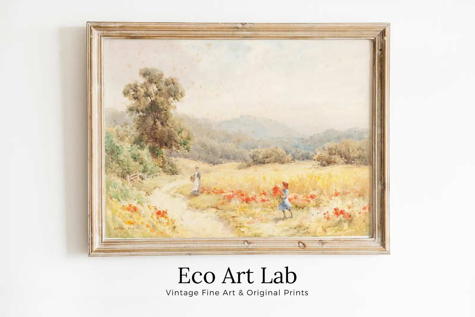 Framed view of Summer Meadow Painting Vintage Landscape Print. Country Field Soft Colors Watercolor Painting Summer Landscape. Farmhouse Country Art Print – printable wall art digital download.