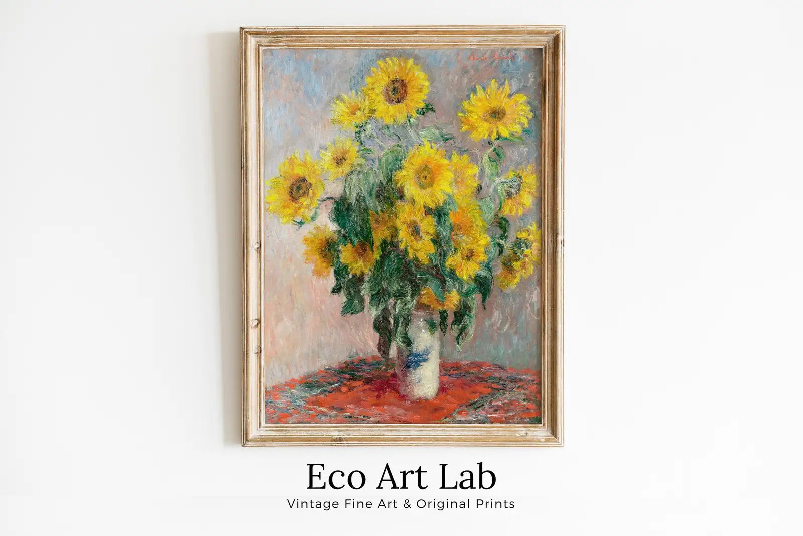 Framed view of Sunflowers Painting Famous Claude Monet Art Print. Instant Download Floral Printable Monet Fine Art Bouquet of Sunflowers Vintage Painting – printable wall art digital download.