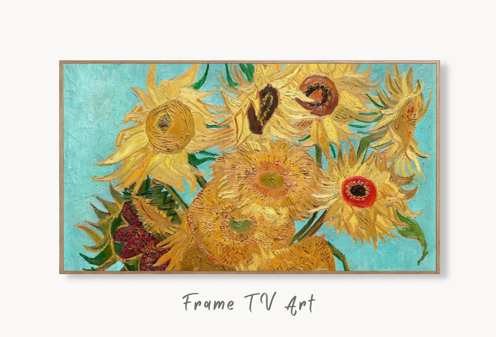 Sunflowers Samsung Frame TV Art 4K Famous Painting by Vincent van Gogh. Instant Download van Gogh Art for the Frame TV. Vintage Wall Art displayed on Samsung Frame TV on a living room wall.