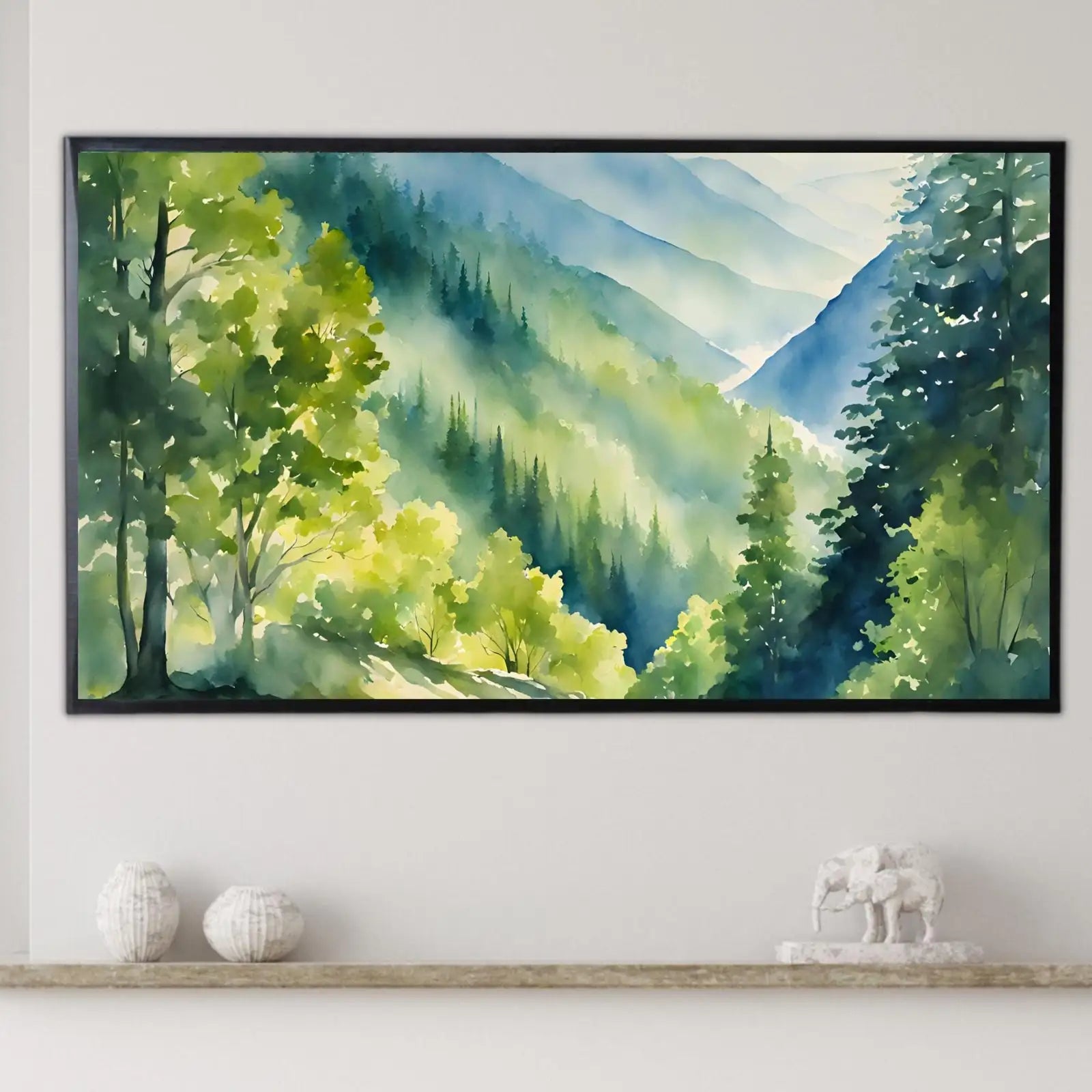 Sunlight In The Forest Art For Samsung Frame TV I Mountain Watercolor Landscape Decor I Nature Inspired Frame TV Artwork – Frame TV Digital Download Art – Digital Download