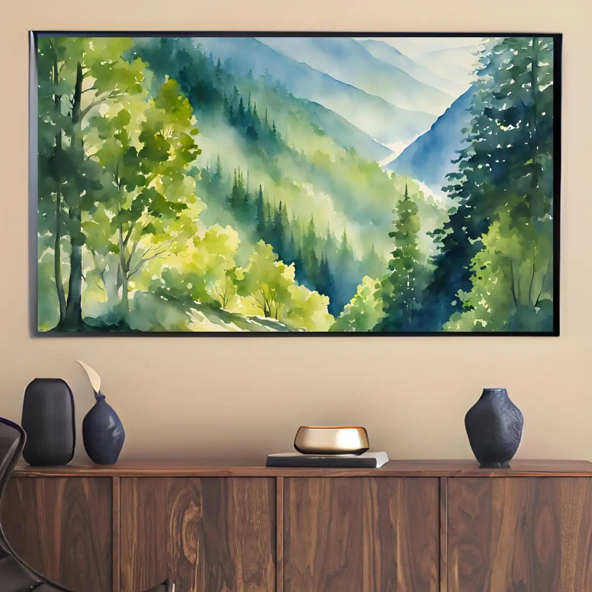 Sunlight In The Forest Art For Samsung Frame TV I Mountain Watercolor Landscape Decor I Nature Inspired Frame TV Artwork – Frame TV Digital Download Art – Digital Download