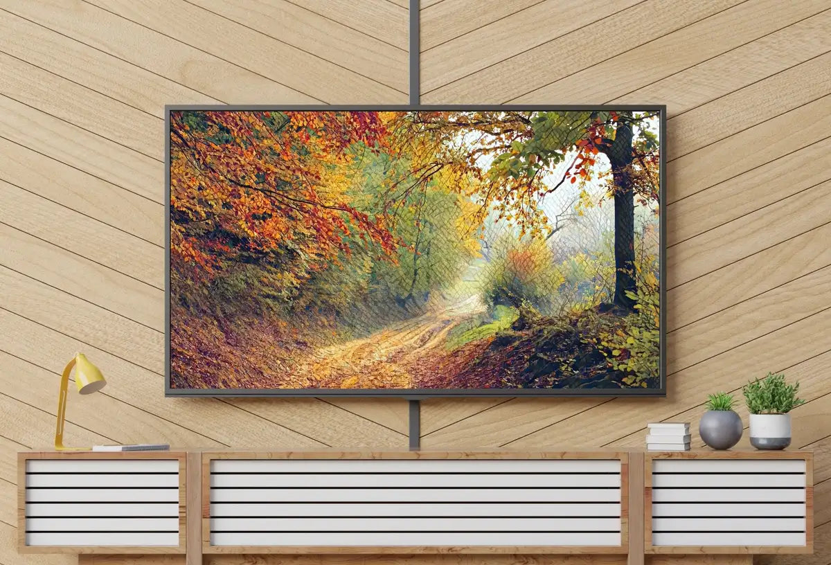 Detail view of artwork from Sunlight Through Autumn Forest Landscape Painting, Samsung Frame TV Art Painting, Instant Download Nature Art, Colorful Art for Frame TV. (variation 2)