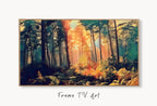 Sunlight Through Forest Abstract Landscape Painting, Frame TV Art Digital Download, Art for Tv, Colorful Art for Frame TV displayed on Samsung Frame TV on a living room wall.