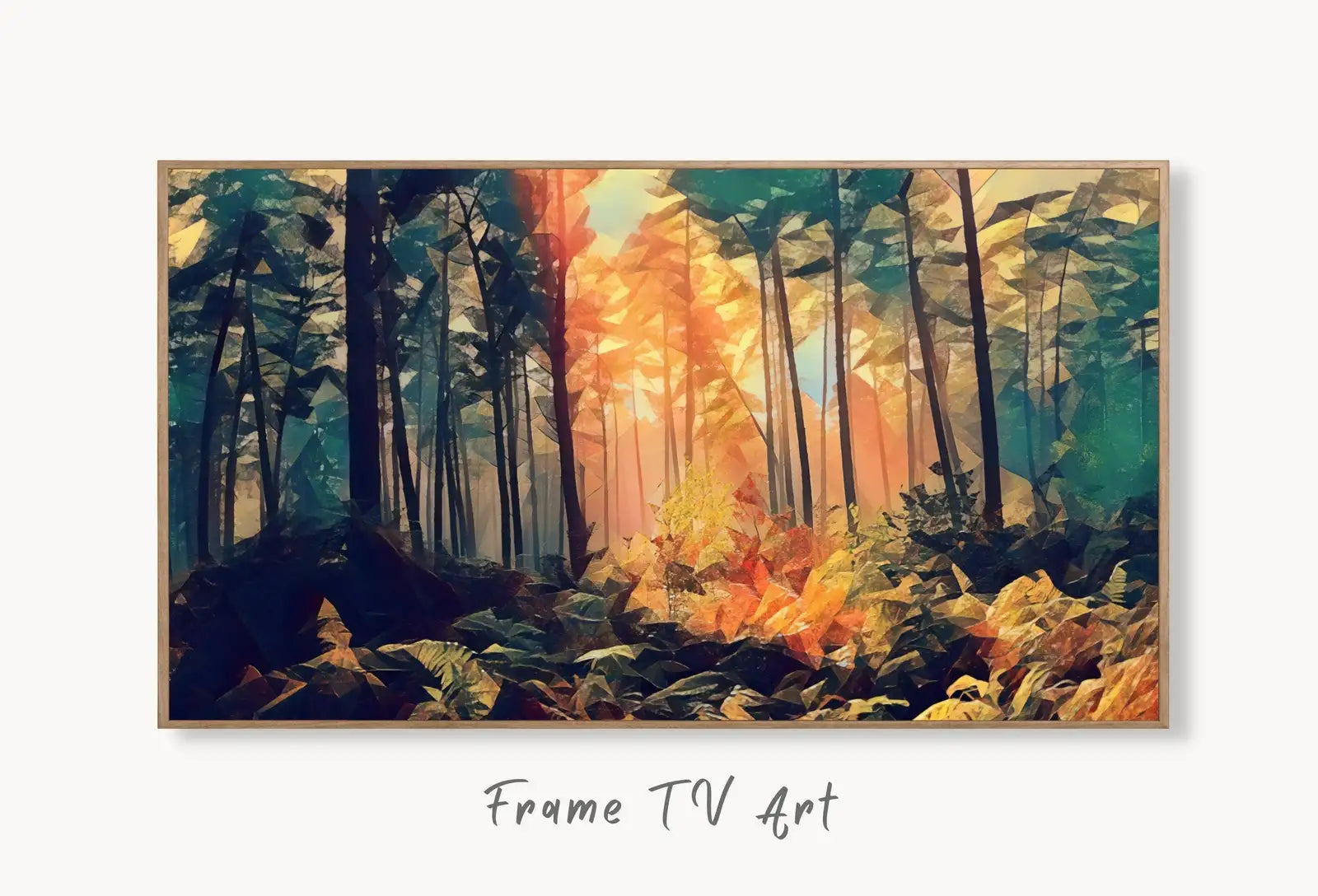 Sunlight Through Forest Abstract Landscape Painting, Frame TV Art Digital Download, Art for Tv, Colorful Art for Frame TV displayed on Samsung Frame TV on a living room wall.