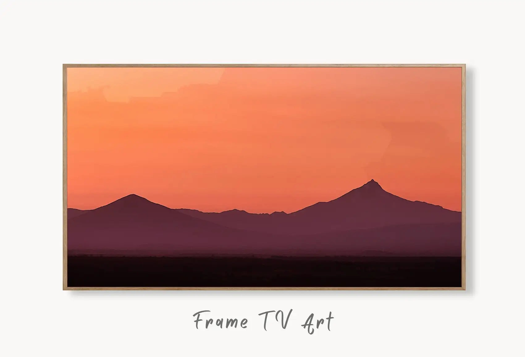 Sunset Over Mountains Abstract Samsung Frame TV Art. Abstract Sunset Wall Art Samsung TV, Digital Download for Samsung Frame, Frame TV Art displayed on Samsung Frame TV on a living room wall.