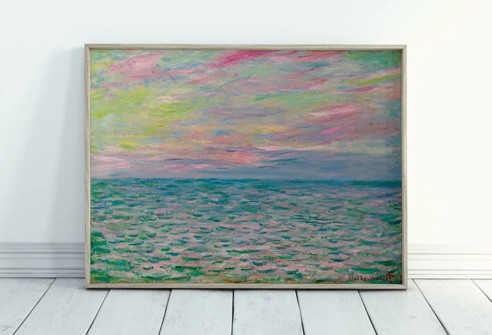 Framed view of Sunset Seascape Claude Monet Painting. Printable Wall Art. Vintage Oil Painting. Ocean Instant Download Coastal. Nautical Decor Print – printable wall art digital download.