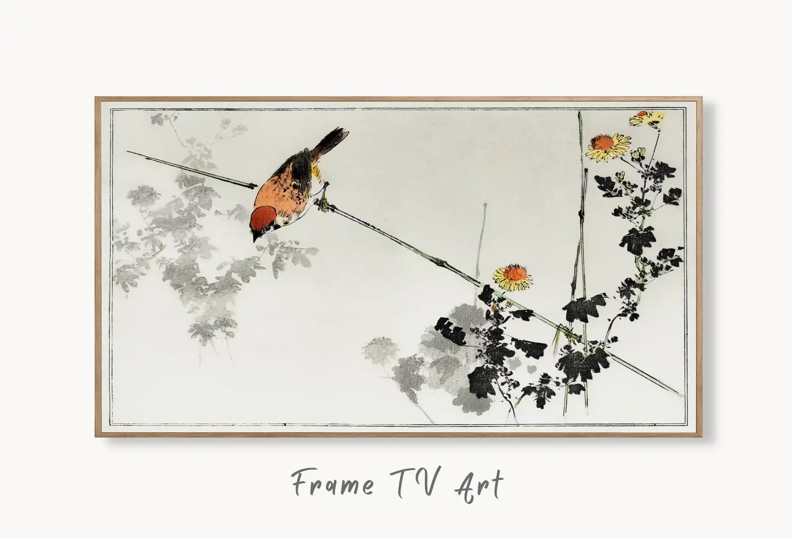 Swallow Bird illustration Frame TV Art. Vintage Japanese Painting Samsung Art TV, Digital Download for Samsung Frame, Frame TV Art displayed on Samsung Frame TV on a living room wall.