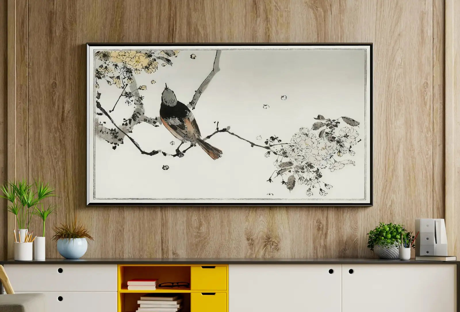 Detail view of artwork from Swallow Bird on Branch Frame TV Art. Vintage Japanese Painting Samsung Art TV, Digital Download for Samsung Frame, Frame TV Art. (variation 1)