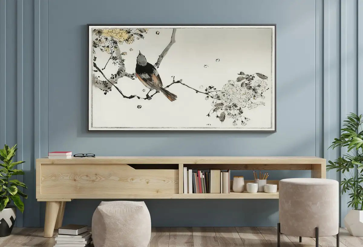 Detail view of artwork from Swallow Bird on Branch Frame TV Art. Vintage Japanese Painting Samsung Art TV, Digital Download for Samsung Frame, Frame TV Art. (variation 2)