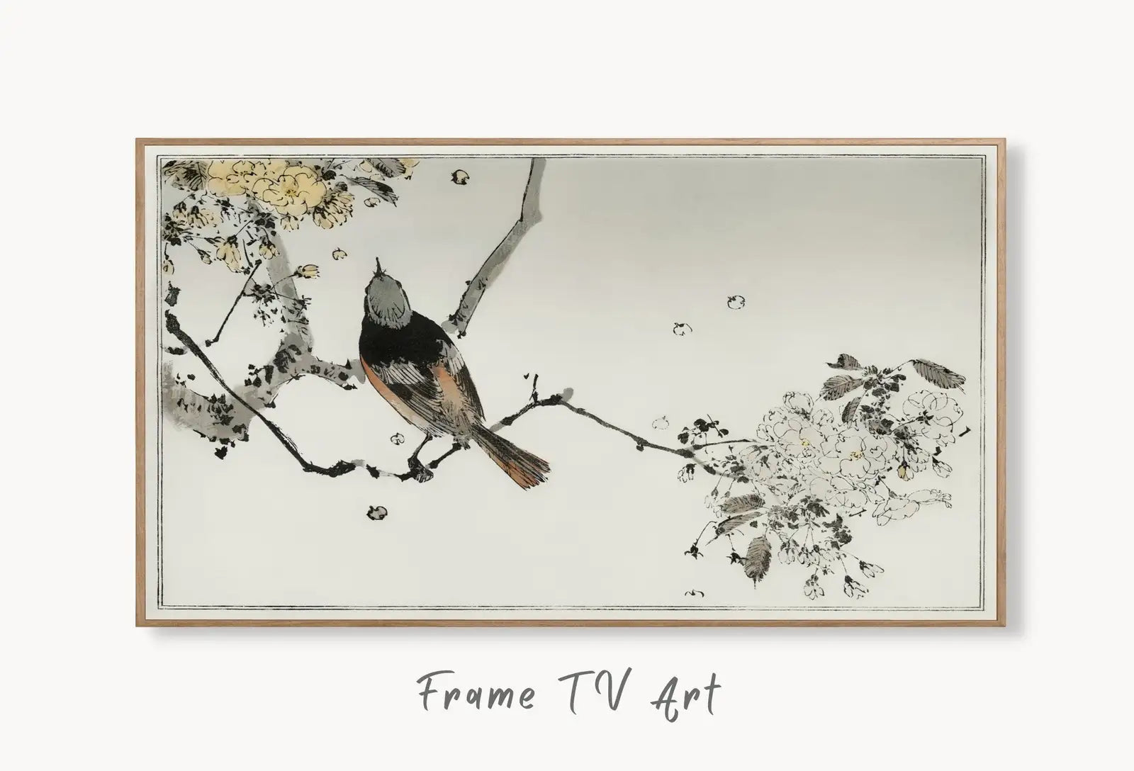 Swallow Bird on Branch Frame TV Art. Vintage Japanese Painting Samsung Art TV, Digital Download for Samsung Frame, Frame TV Art displayed on Samsung Frame TV on a living room wall.