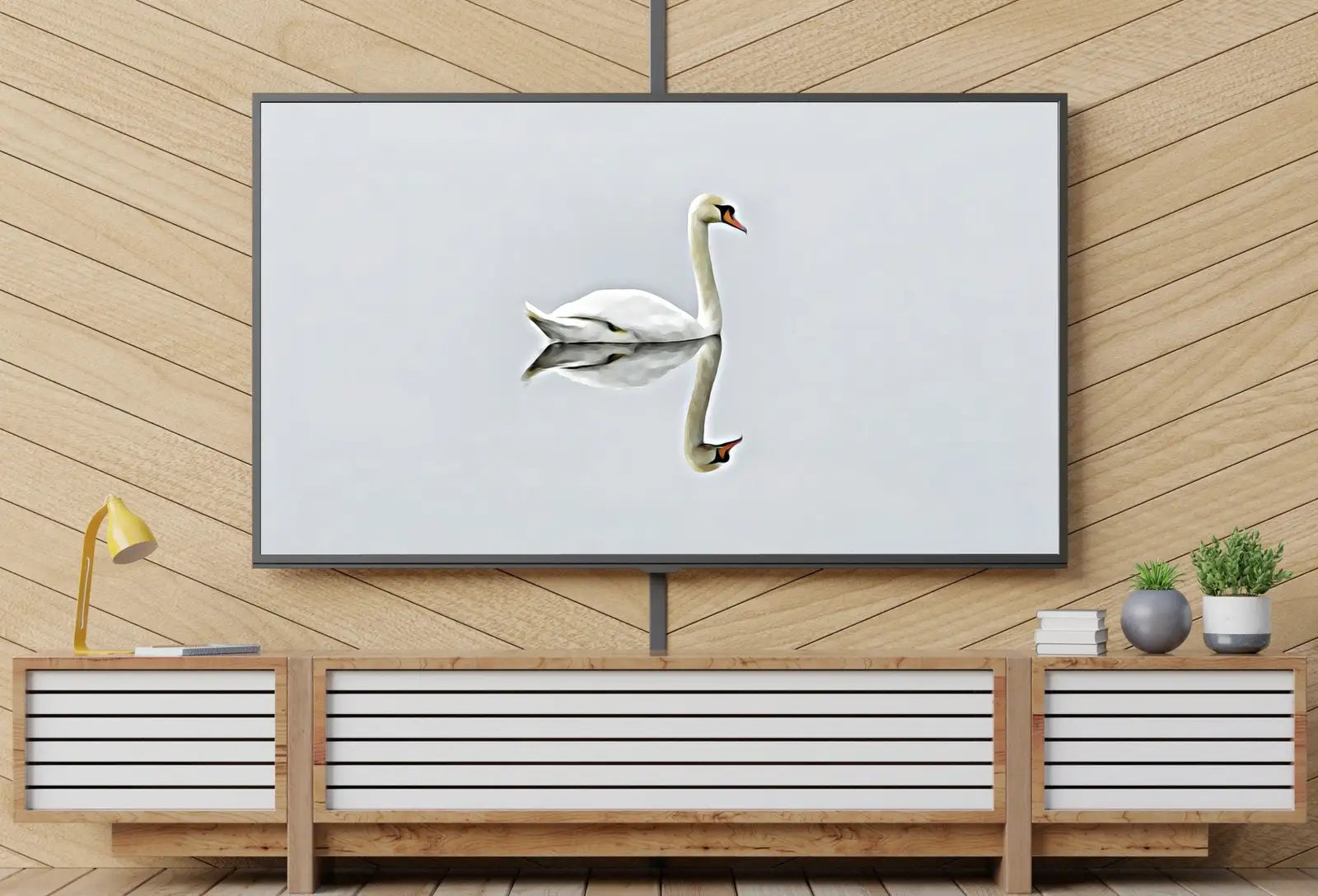 Detail view of artwork from Swan in Clear Waters Frame TV Art, Digital Download, Digital Art for Tv Swan Decor, White Frame TV Art, Swan Painting. (variation 1)