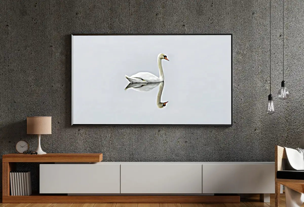 Detail view of artwork from Swan in Clear Waters Frame TV Art, Digital Download, Digital Art for Tv Swan Decor, White Frame TV Art, Swan Painting. (variation 2)