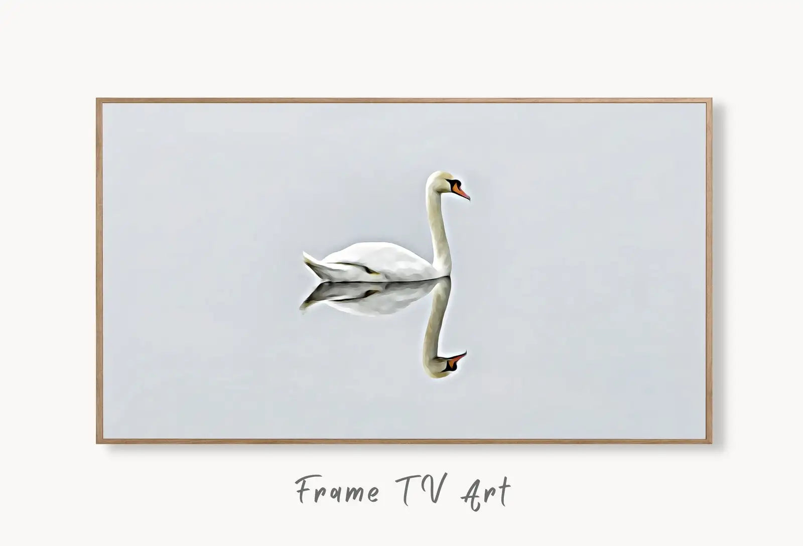 Swan in Clear Waters Frame TV Art, Digital Download, Digital Art for Tv Swan Decor, White Frame TV Art, Swan Painting displayed on Samsung Frame TV on a living room wall.