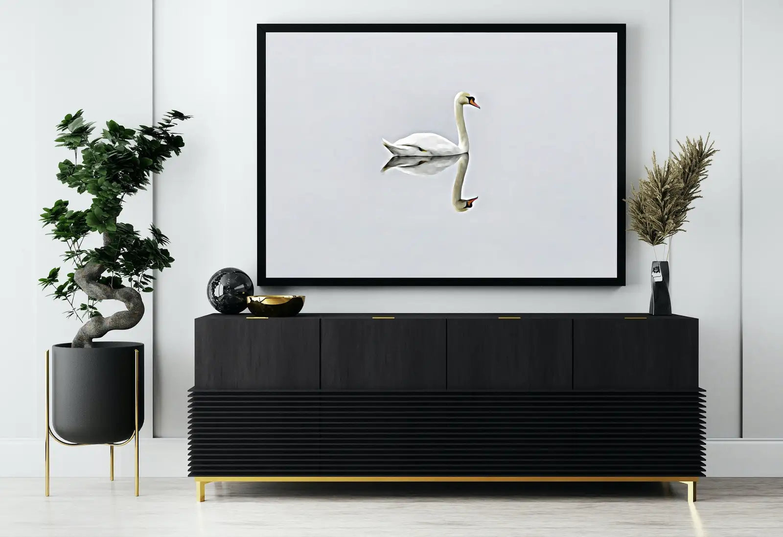 Included artwork preview showing first selection of artworks from Swan in Clear Waters Landscape Printable Wall Art. Home or Office Decor, Animal Painting Nature Print Digital Art Download, Swan Painting.