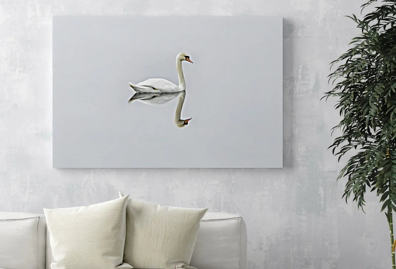 Detail view of artwork from Swan in Clear Waters Landscape Printable Wall Art. Home or Office Decor, Animal Painting Nature Print Digital Art Download, Swan Painting. (variation 1)