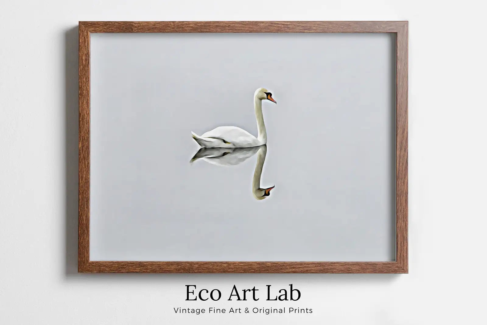 Framed view of Swan in Clear Waters Landscape Printable Wall Art. Home or Office Decor, Animal Painting Nature Print Digital Art Download, Swan Painting – printable wall art digital download.