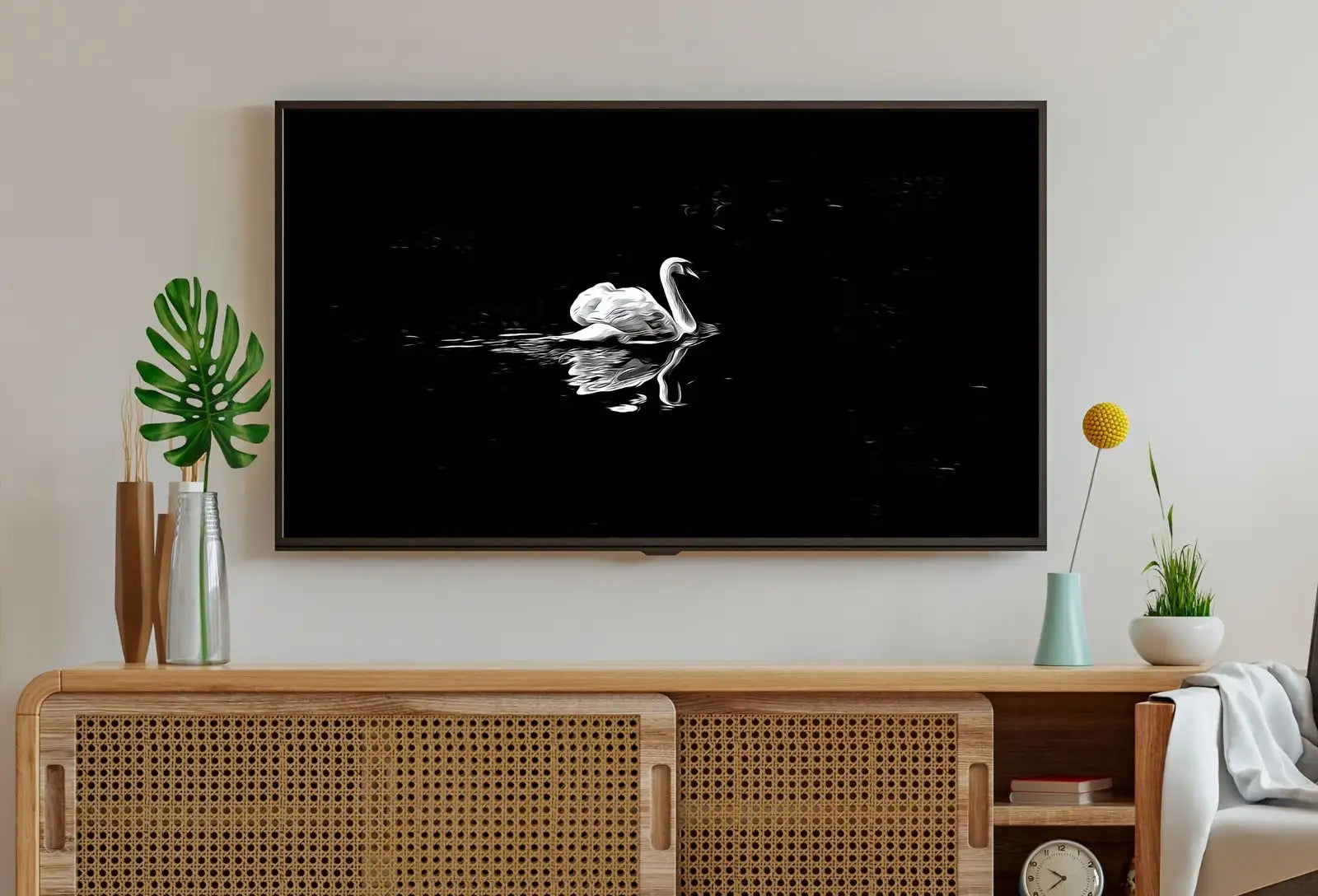 Included artwork preview showing first selection of artworks from Swan in Dark Waters Frame TV Art, Digital Download, Digital Art for Tv, Black and White Frame TV Art, Swan Painting.