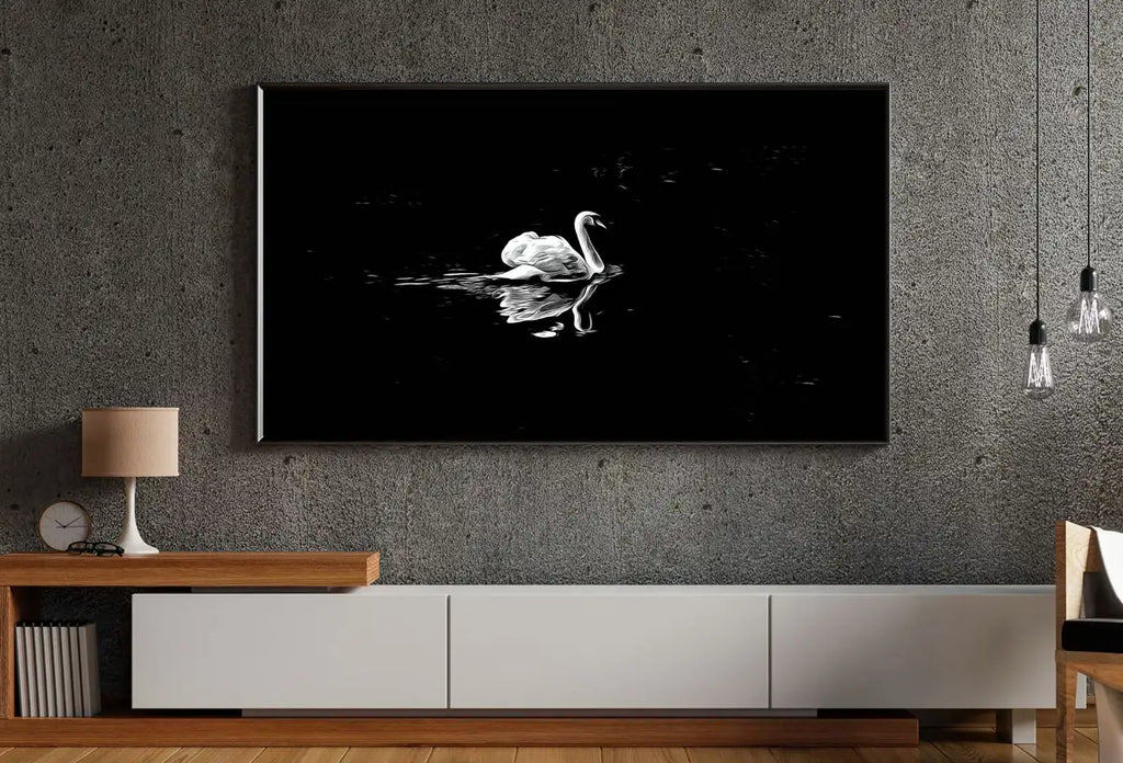 Detail view of artwork from Swan in Dark Waters Frame TV Art, Digital Download, Digital Art for Tv, Black and White Frame TV Art, Swan Painting. (variation 2)