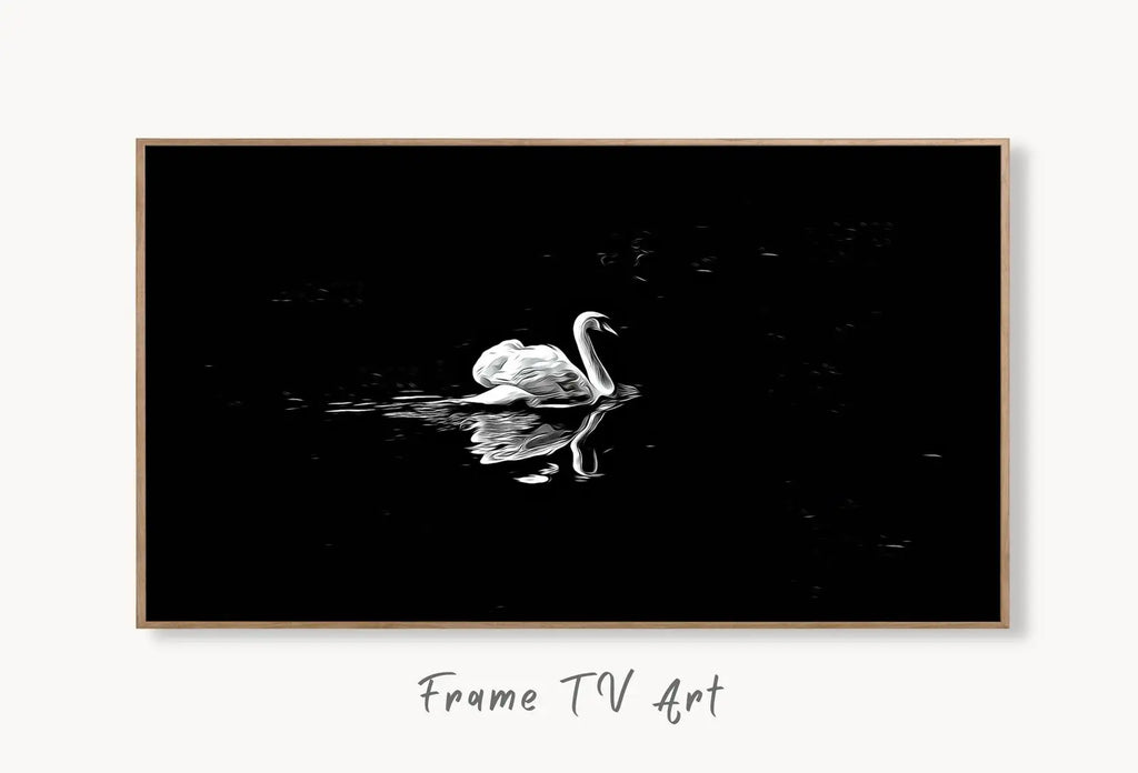 Swan in Dark Waters Frame TV Art, Digital Download, Digital Art for Tv, Black and White Frame TV Art, Swan Painting displayed on Samsung Frame TV on a living room wall.