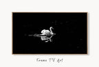 Swan in Dark Waters Frame TV Art, Digital Download, Digital Art for Tv, Black and White Frame TV Art, Swan Painting displayed on Samsung Frame TV on a living room wall.