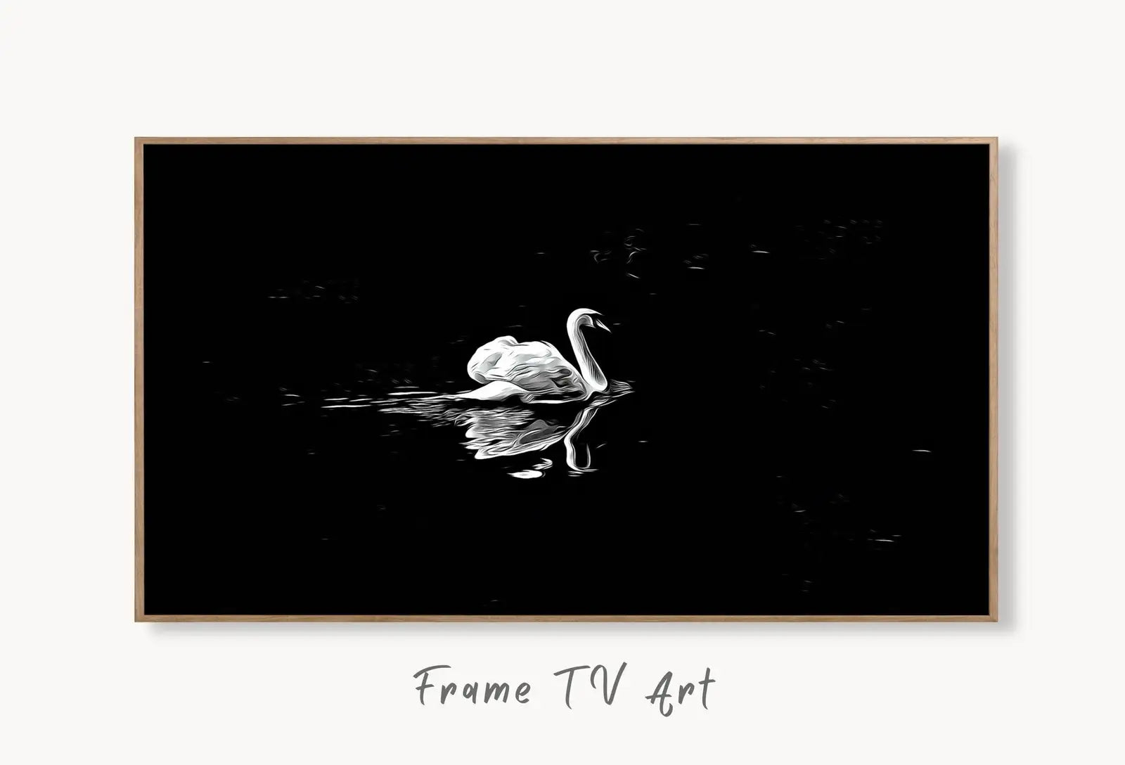 Swan in Dark Waters Frame TV Art, Digital Download, Digital Art for Tv, Black and White Frame TV Art, Swan Painting displayed on Samsung Frame TV on a living room wall.