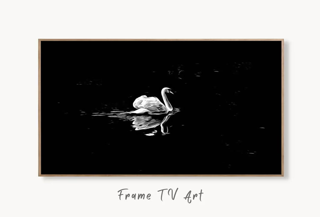 Swan in Dark Waters Frame TV Art, , Digital Art for Tv, Black and White Frame TV Art, Swan Painting – Frame TV  Art