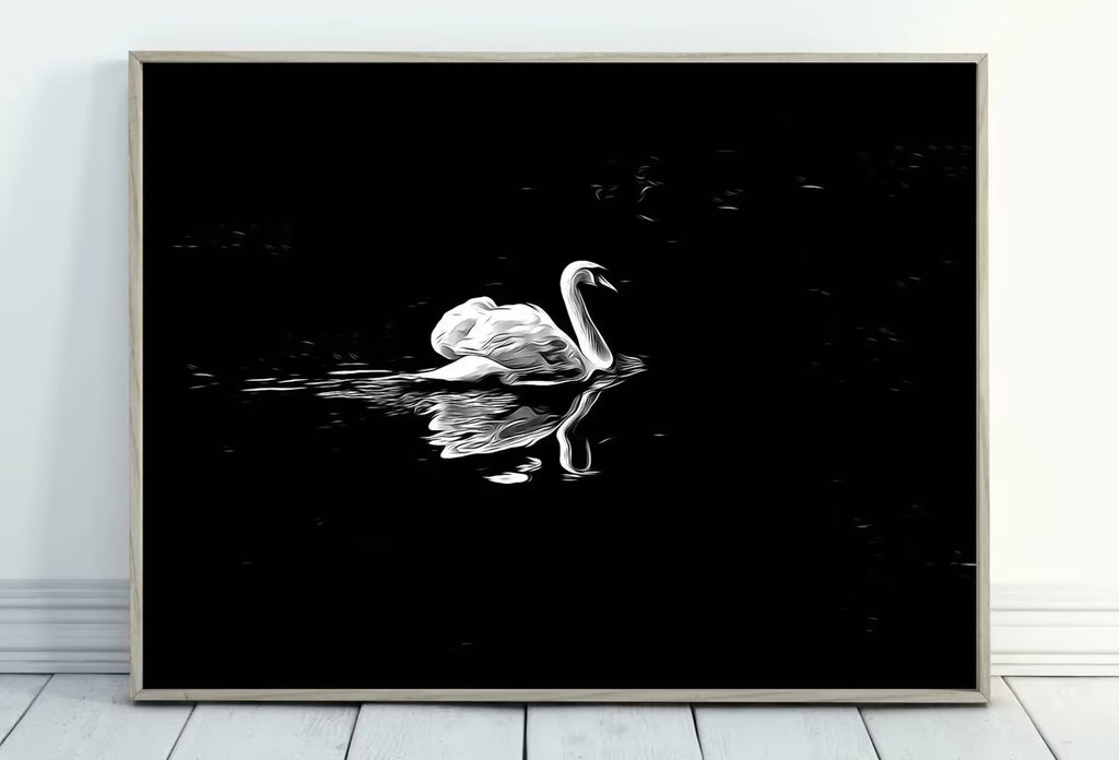 Swan in Dark Waters Printable Wall Art, for Home or Office Decor, Animal Painting Nature Print Digital Art Instant Download, Black and White – Printable Wall Art