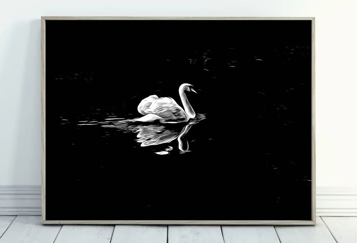 Swan in Dark Waters Printable Wall Art, for Home or Office Decor, Animal Painting Nature Print Digital Art Instant Download, Black and White – Printable Wall Art