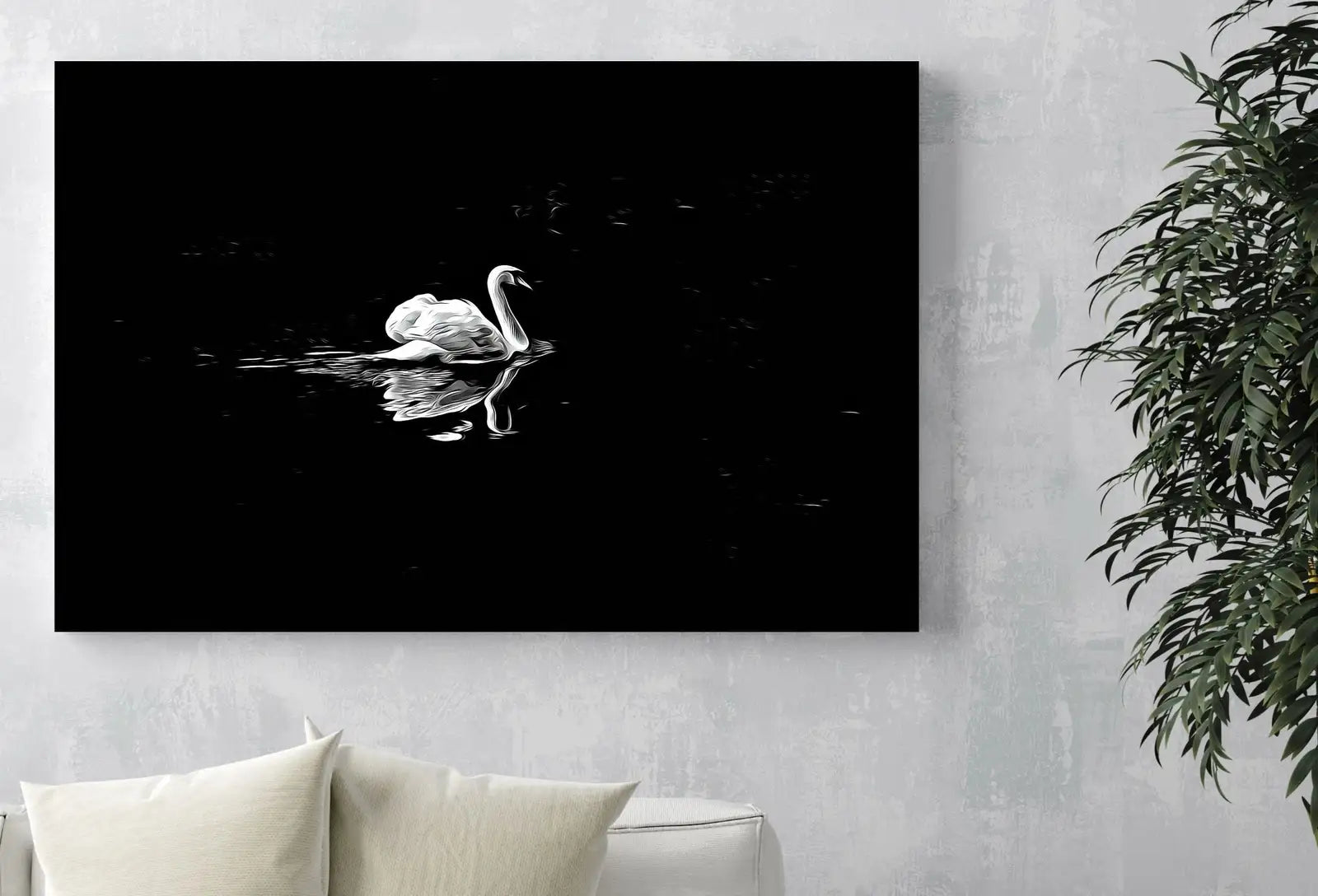 Detail view of artwork from Swan in Dark Waters Printable Wall Art, for Home or Office Decor, Animal Painting Nature Print Digital Art Instant Download, Black and White. (variation 1)