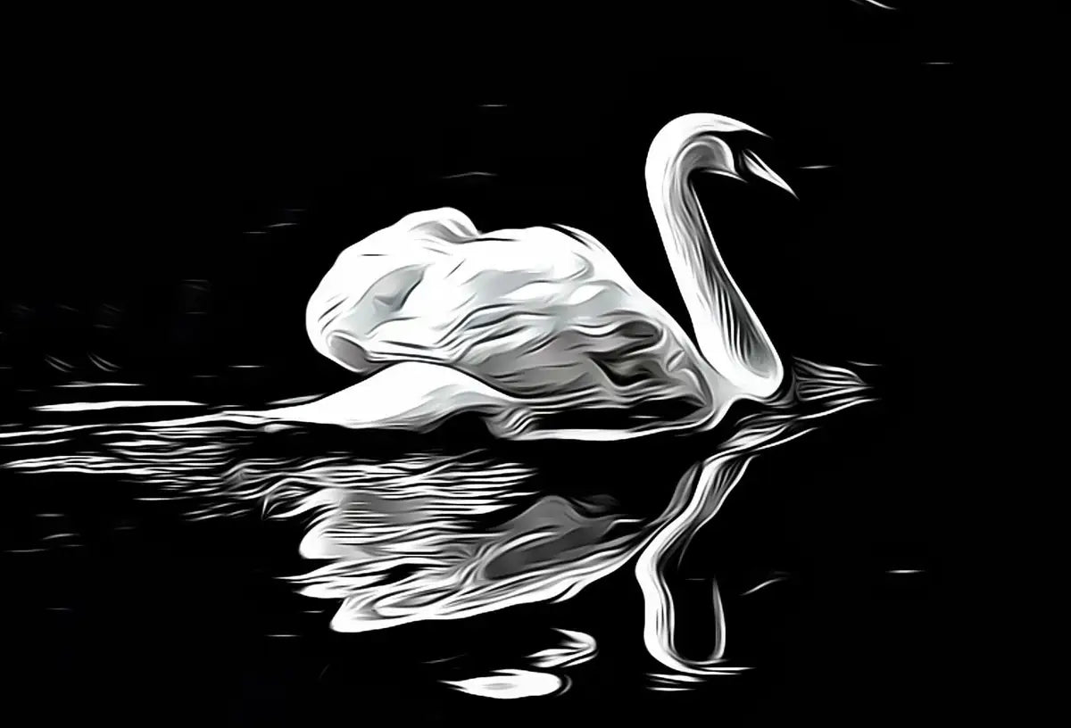 Detail view of artwork from Swan in Dark Waters Printable Wall Art, for Home or Office Decor, Animal Painting Nature Print Digital Art Instant Download, Black and White. (variation 2)