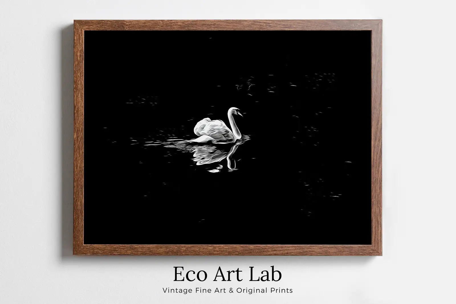 Framed view of Swan in Dark Waters Printable Wall Art, for Home or Office Decor, Animal Painting Nature Print Digital Art Instant Download, Black and White – printable wall art digital download.