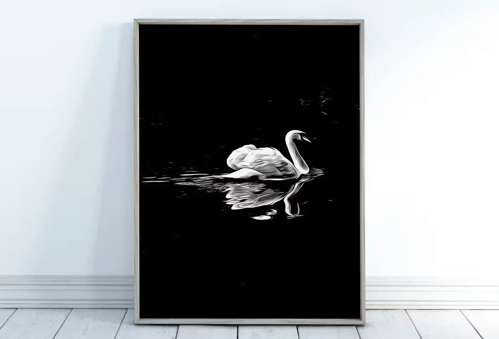 Swan in Dark Waters Vertical Printable Wall Art, Home or Office Decor, Animal Painting Nature Print Digital Art Download, Black and White – Printable Wall Art