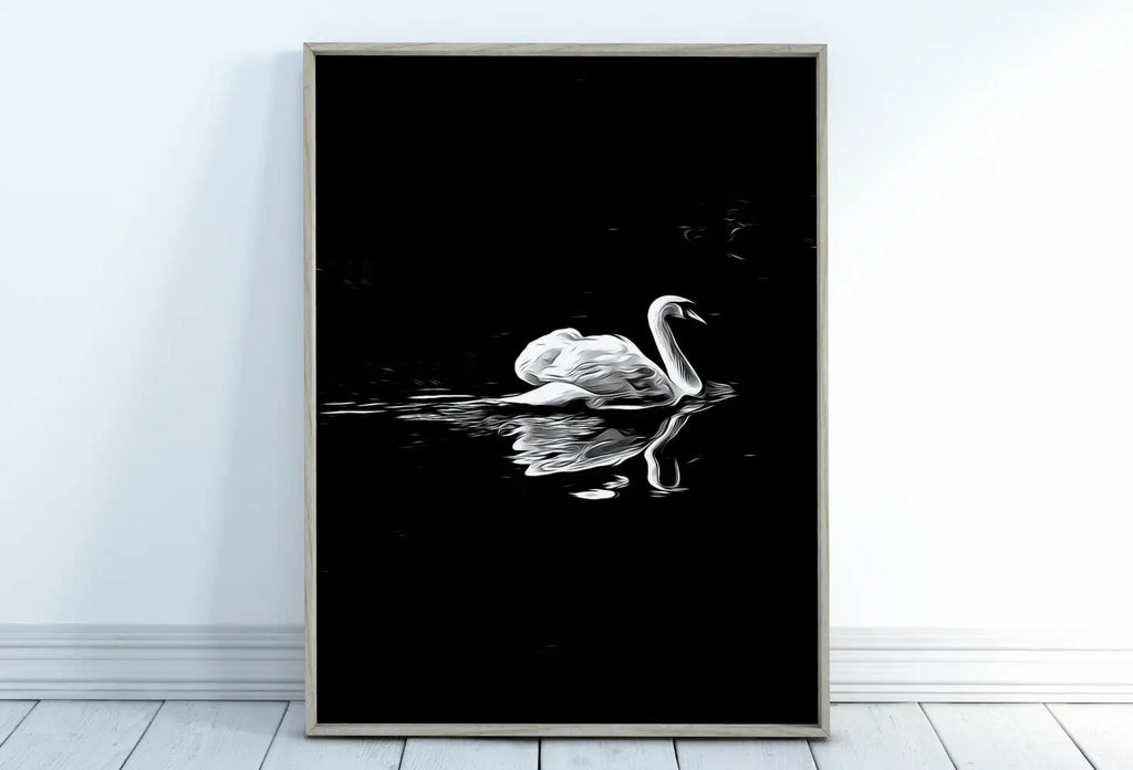 Second included artwork preview from Swan in Dark Waters Vertical Printable Wall Art, Home or Office Decor, Animal Painting Nature Print Digital Art Download, Black and White featuring various scenes.