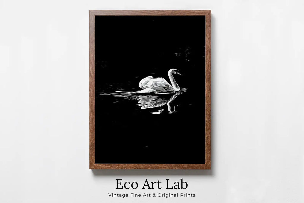 Framed view of Swan in Dark Waters Vertical Printable Wall Art, Home or Office Decor, Animal Painting Nature Print Digital Art Download, Black and White – printable wall art digital download.