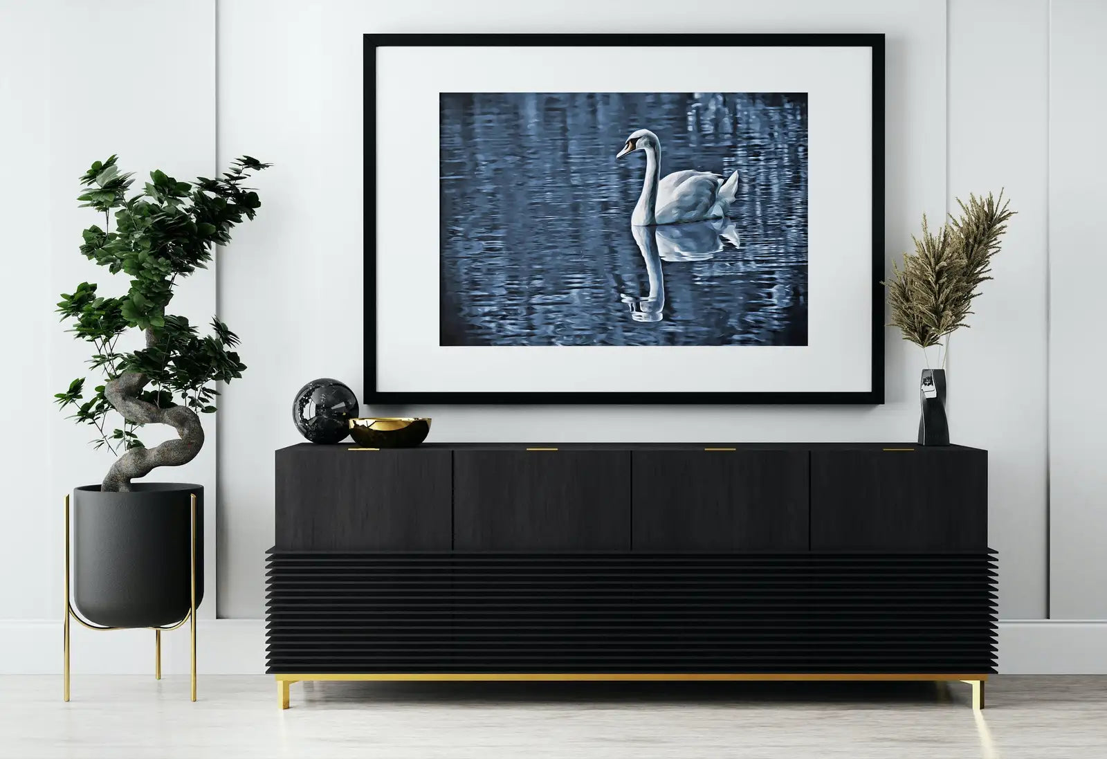 Detail view of artwork from Swan on Water Printable Wall Art, for Home or Office Decor, Animal Painting Nature Print Digital Art Instant Download. (variation 1)