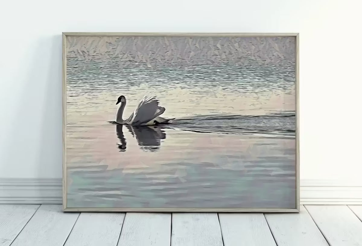 Swimming Swan Landscape Printable Wall Art. Home or Office Decor, Animal Painting Nature Print Digital Art Download, Swan Painting – Printable Wall Art