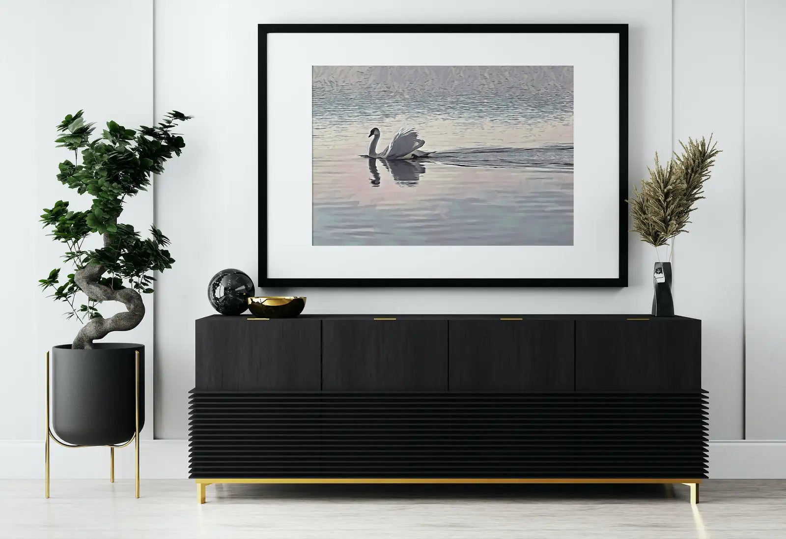Second included artwork preview from Swimming Swan Landscape Printable Wall Art. Home or Office Decor, Animal Painting Nature Print Digital Art Download, Swan Painting featuring various scenes.