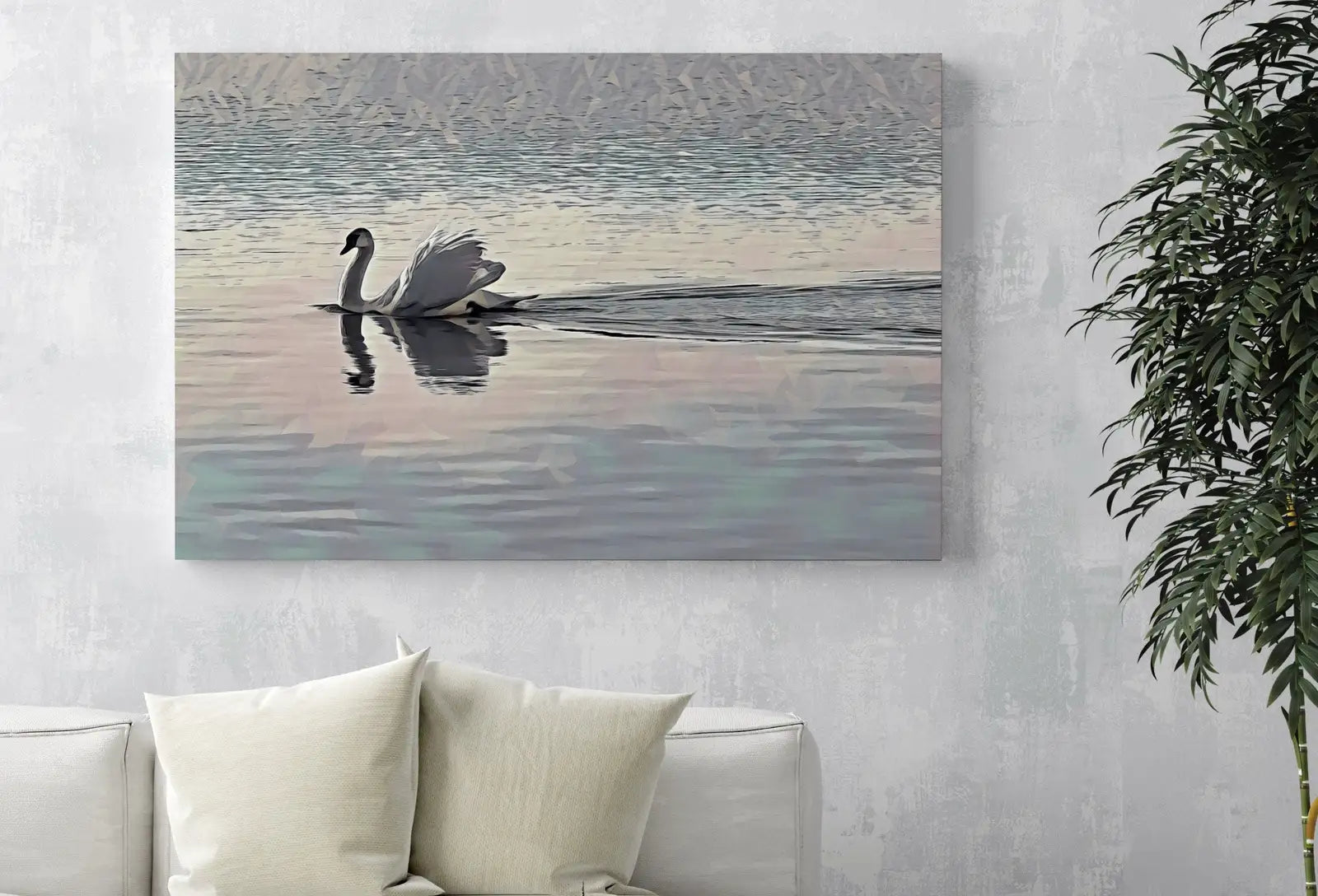 Detail view of artwork from Swimming Swan Landscape Printable Wall Art. Home or Office Decor, Animal Painting Nature Print Digital Art Download, Swan Painting. (variation 1)