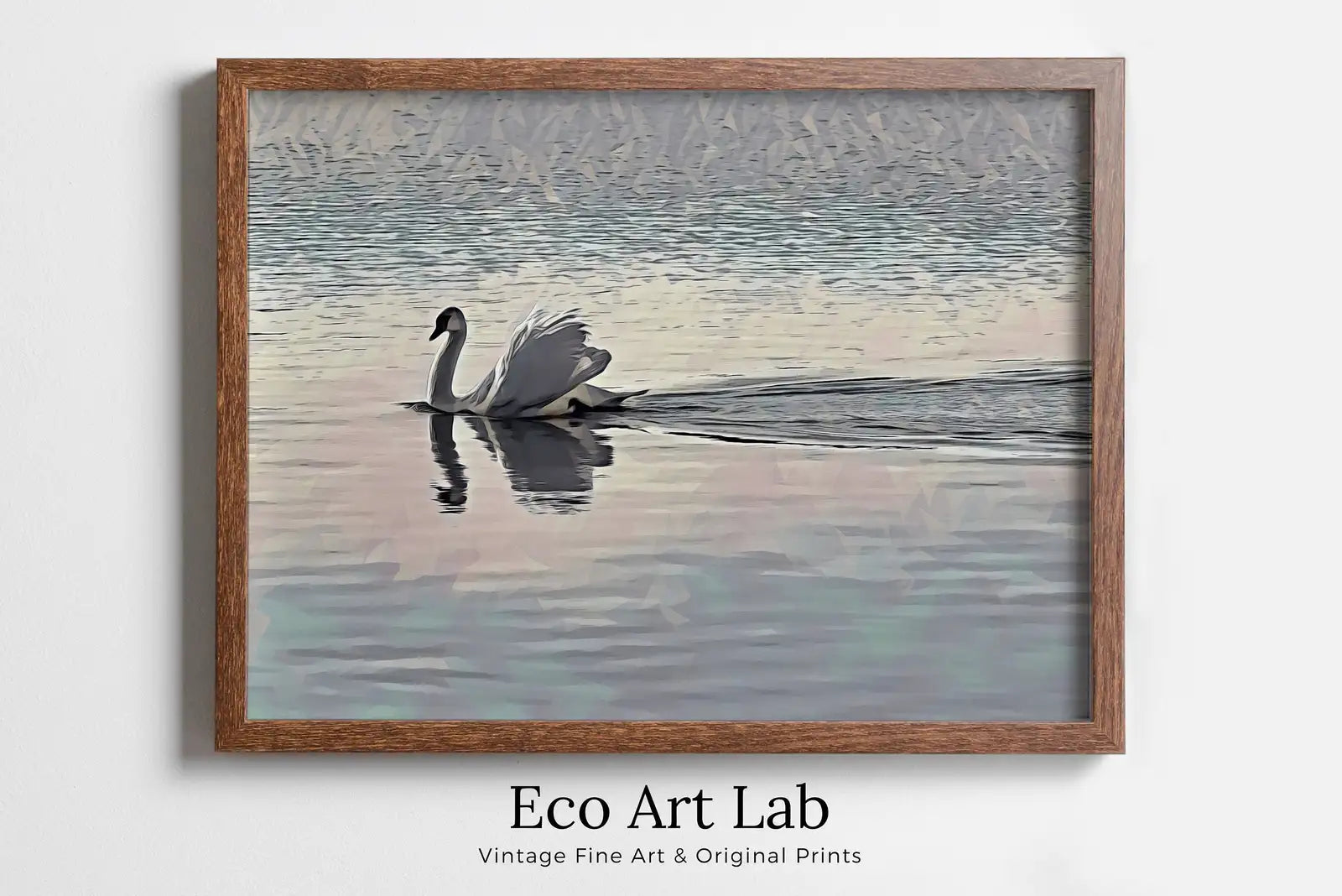 Framed view of Swimming Swan Landscape Printable Wall Art. Home or Office Decor, Animal Painting Nature Print Digital Art Download, Swan Painting – printable wall art digital download.