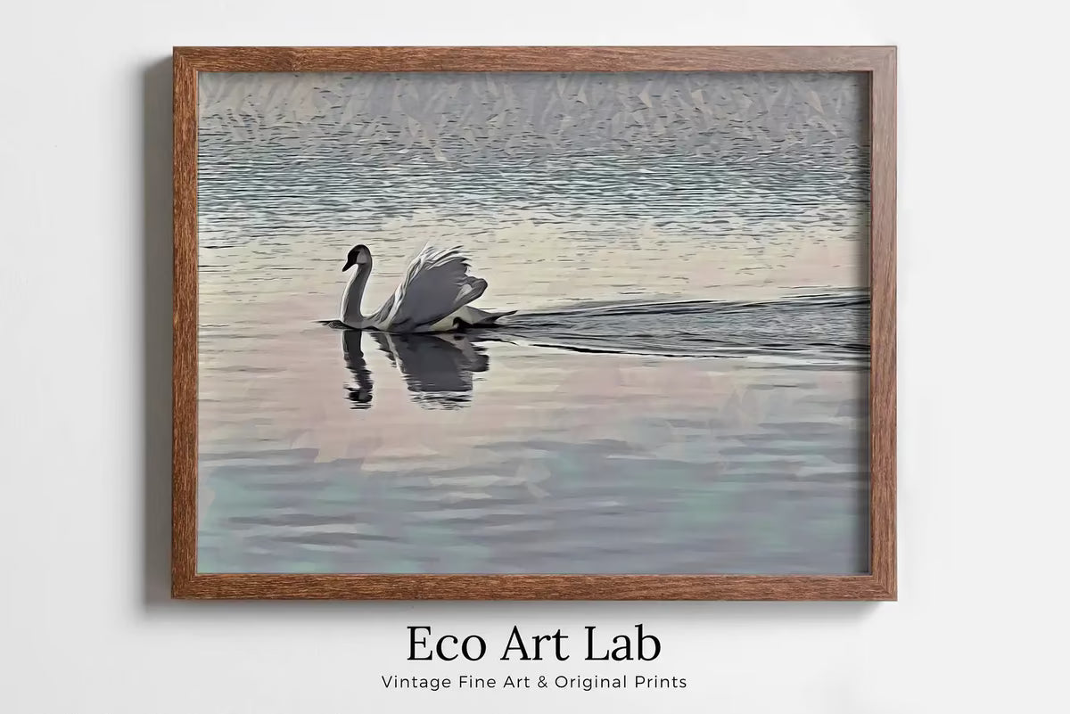 Swimming Swan Landscape Printable Wall Art. Home or Office Decor, Animal Painting Nature Print Digital Art Download, Swan Painting – Printable Wall Art