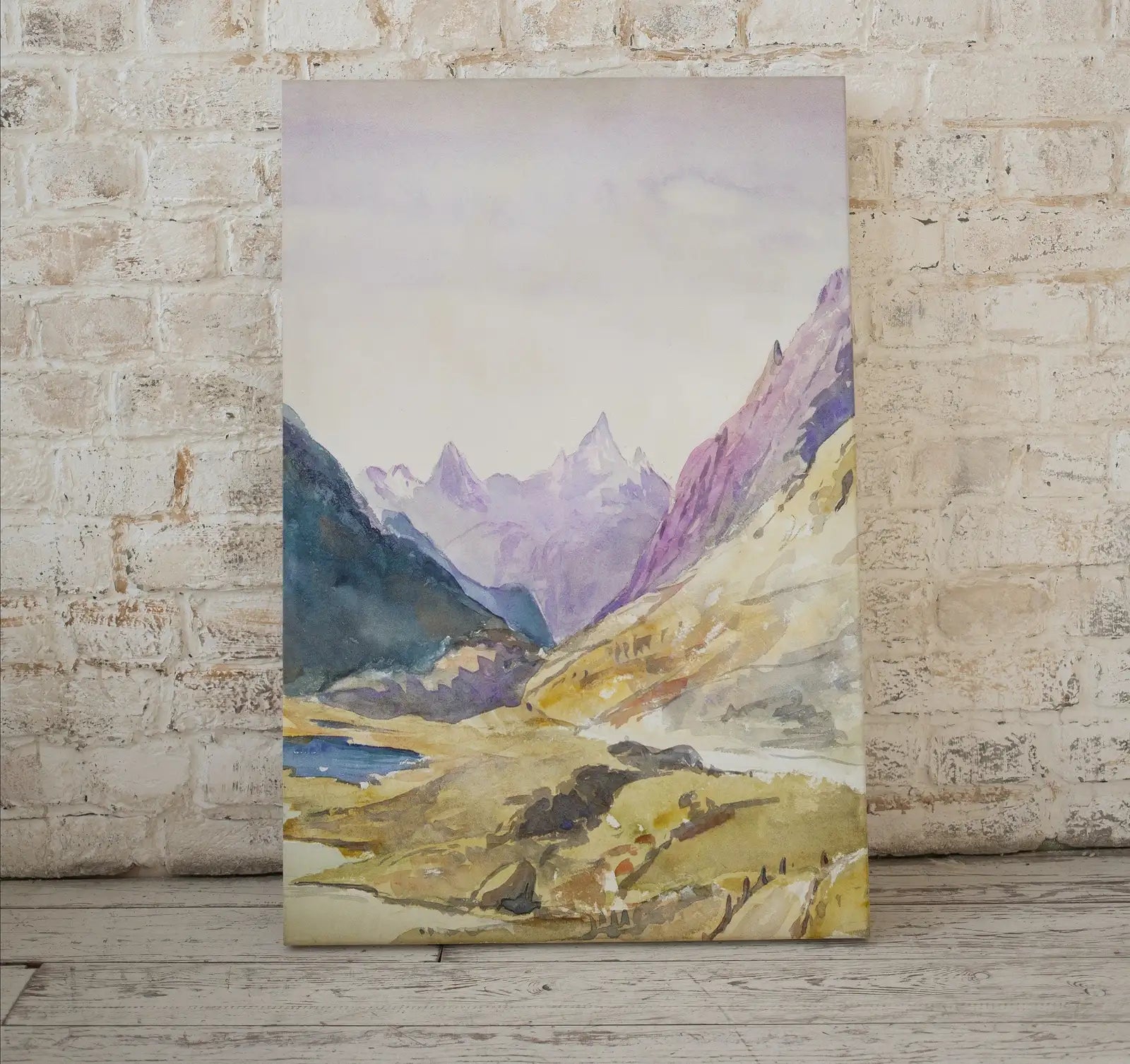 Detail view of artwork from Switzerland Mountain Landscape Painting. Instant Download Vintage Watercolor Decor. Mountain Valley Printable Art. Famous Vintage Art Decor. (variation 1)