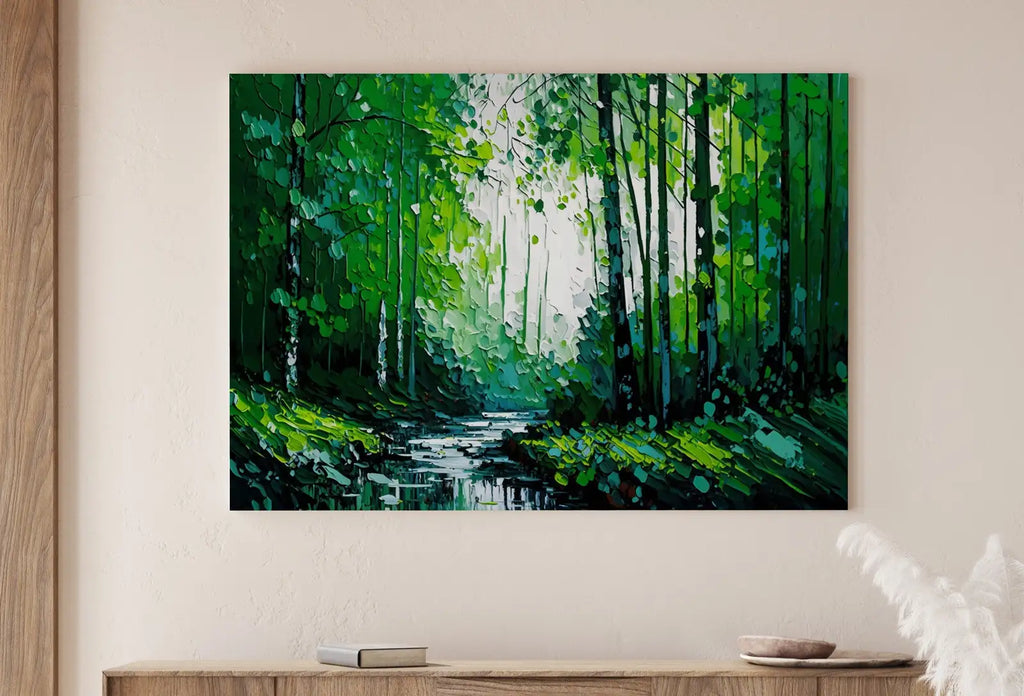 Detail view of artwork from Textured Forest Landscape Printable. Green Forest Trees Painting Print. Abstract Forest Art. Printable Wall Art. Digital Art. Nature Decor. (variation 1)