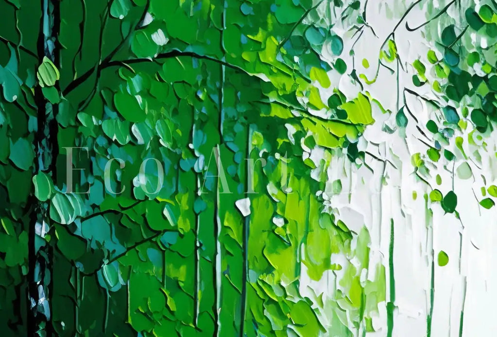 Detail view of artwork from Textured Forest Landscape Printable. Green Forest Trees Painting Print. Abstract Forest Art. Printable Wall Art. Digital Art. Nature Decor. (variation 2)