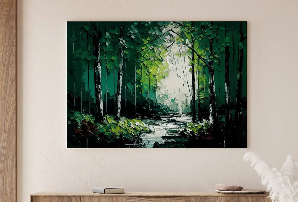 Detail view of artwork from Textured Forest Landscape Printable. Green Forest Trees Painting Print. Printable Wall Art. Digital Art. Nature Decor. Mountain Forest Art. (variation 2)